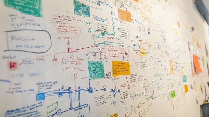 Eine Wand voller bunter Haftnotizen und Diagramme, die einen komplexen und unübersichtlichen Prozess darstellen.